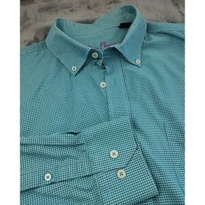 Alan Flusser Mens XL Teal Gingham Check Cotton Button Down Shirt Long Sleeve